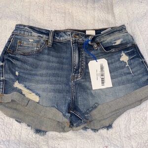 eunina Distressed Rolled Hem Blue Denim Jean Shorts